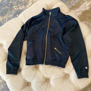 Champion satin bomber jacket w/2 different fabric patterns & gold zipper Sz XS